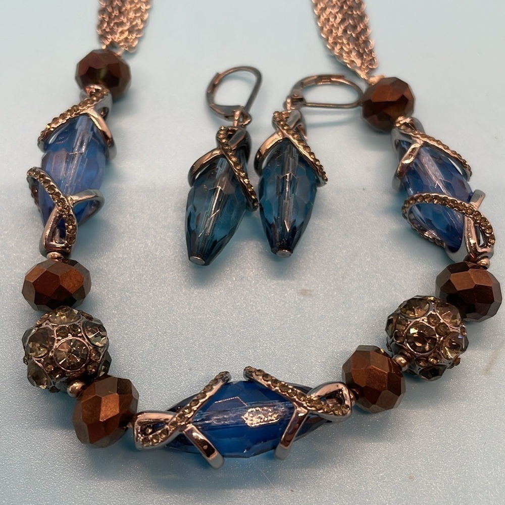 Simply Vera Signed Multi-strand Silver, Blue & Bronze Necklace & Earring Set